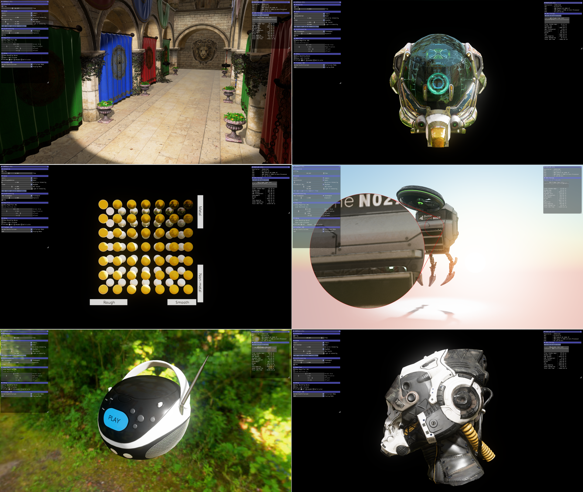 A grid of 6 different screenshots of the Cauldron DirectX 12 app rendering different scenes, like a Roman colosseum or space helmet