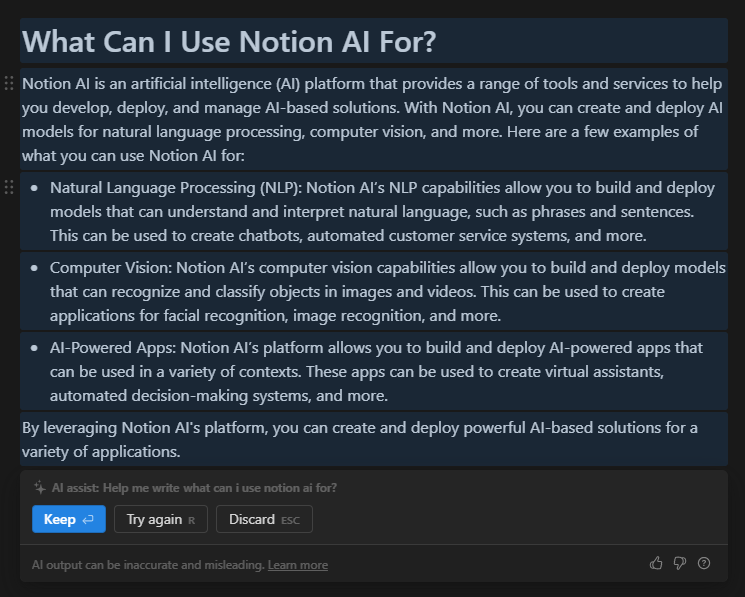 Screenshot of text output from the AI in Notion and a modal on button with buttons