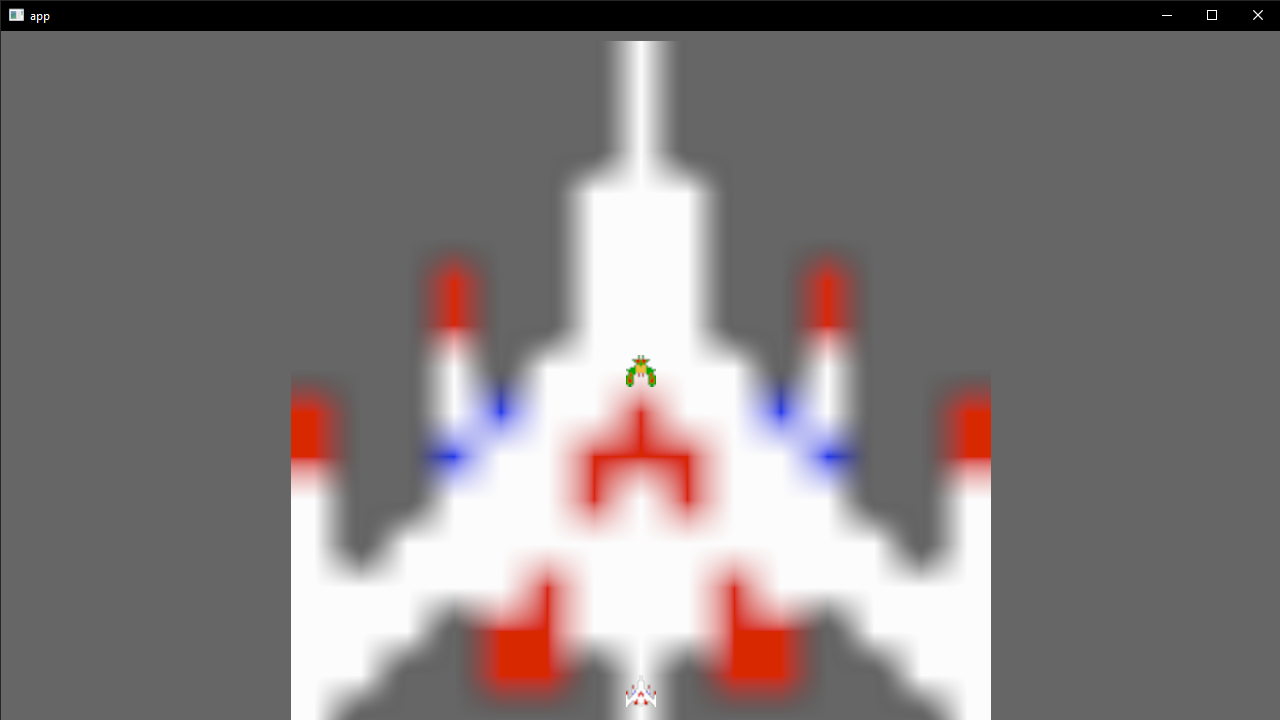 A native Rust application running Bevy with the player's ship from Galaga centered on screen