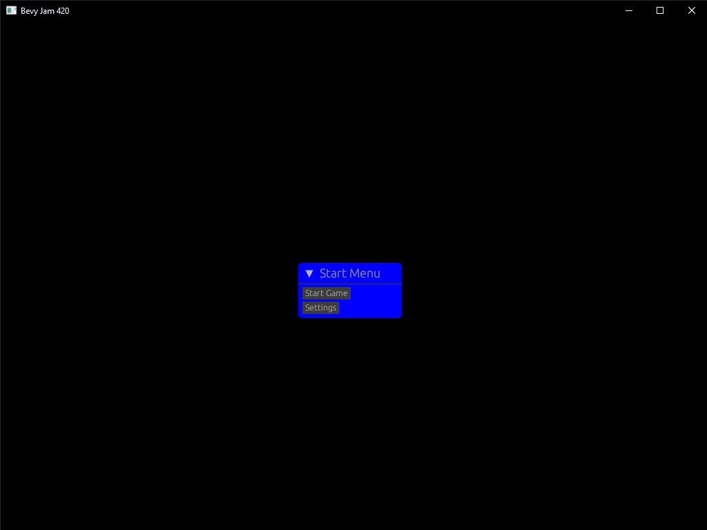 A screenshot of the game and a basic start menu using EGUI. A rounded rectangle is centered in the screen with the title Game Start and underneath two buttons stacked. The first button is labeled Start Game and the second is Setting