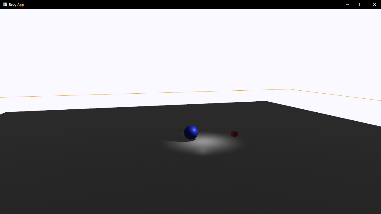 Screenshot of the game. The camera is pulled out far to show a small ball and cube in the center with a top spot light shining down on them