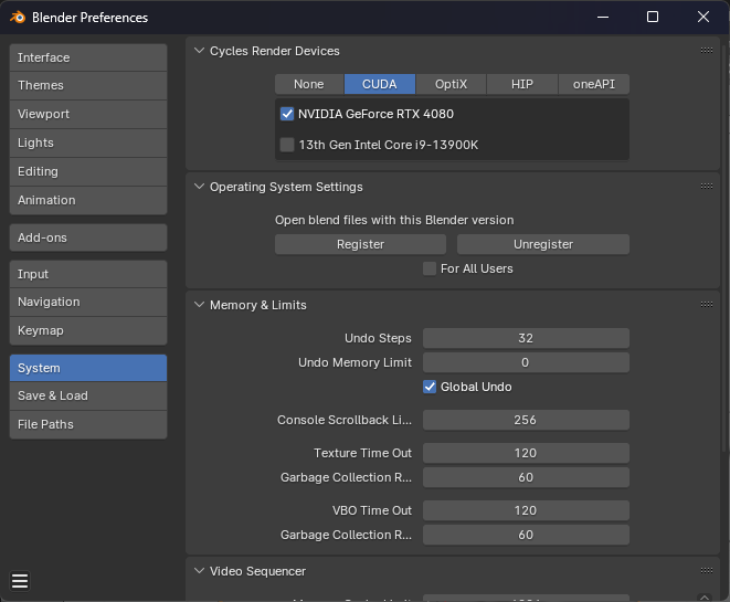 The Blender preferences window on the System tab. Under Cycles Render Devices the CUDA tab is selected and the GPU is checked but not the CPU.