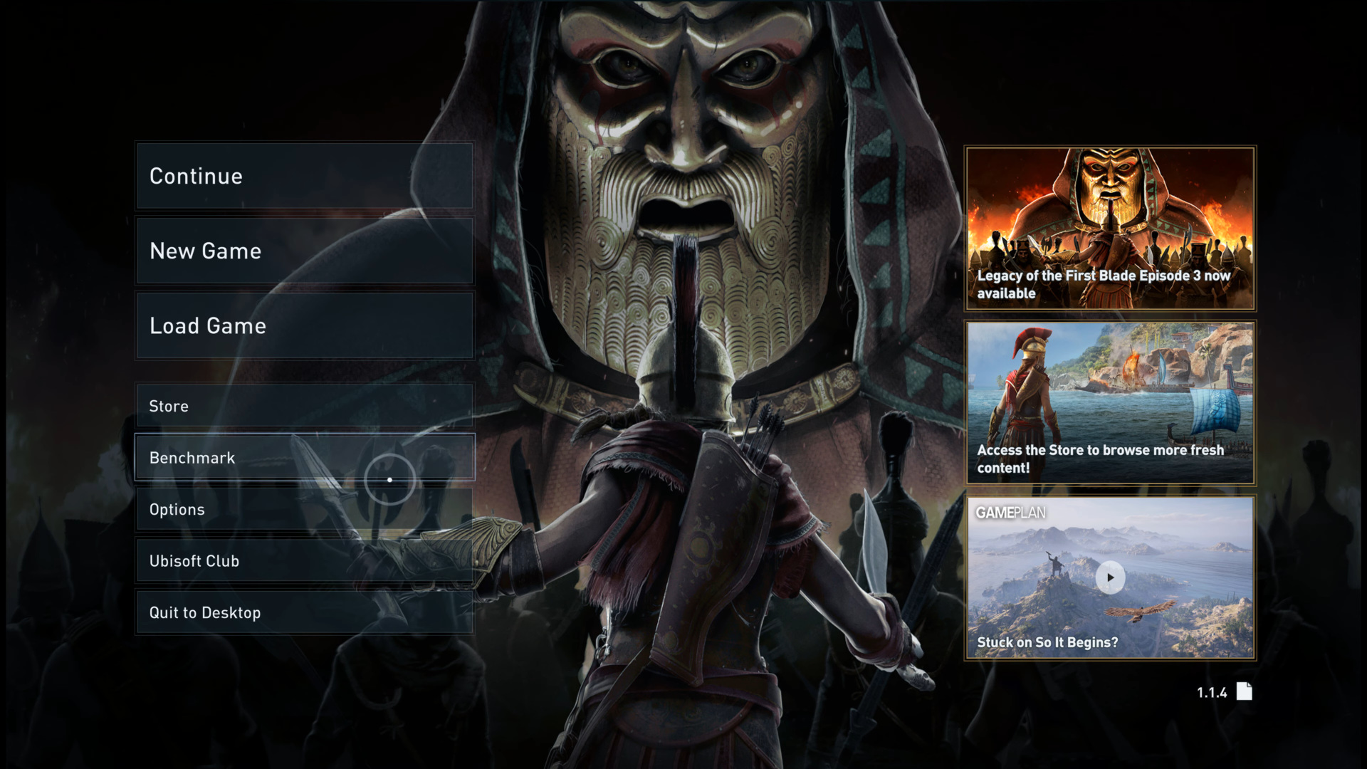 The start screen for Assassin’s Creed Odyssey with a circle representing the cursor which is hovered over a menu item. The menu item is lighter than others, and has a white stroke around it. Courtesy of the Game UI Database.