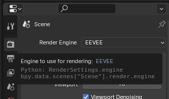 Screenshot of the Blender UI on the Render Output panel, with mouse hovering over the Render Engine dropdown to reveal a tooltip with a Python data path.