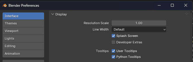 The Blender settings window on the Interface tab