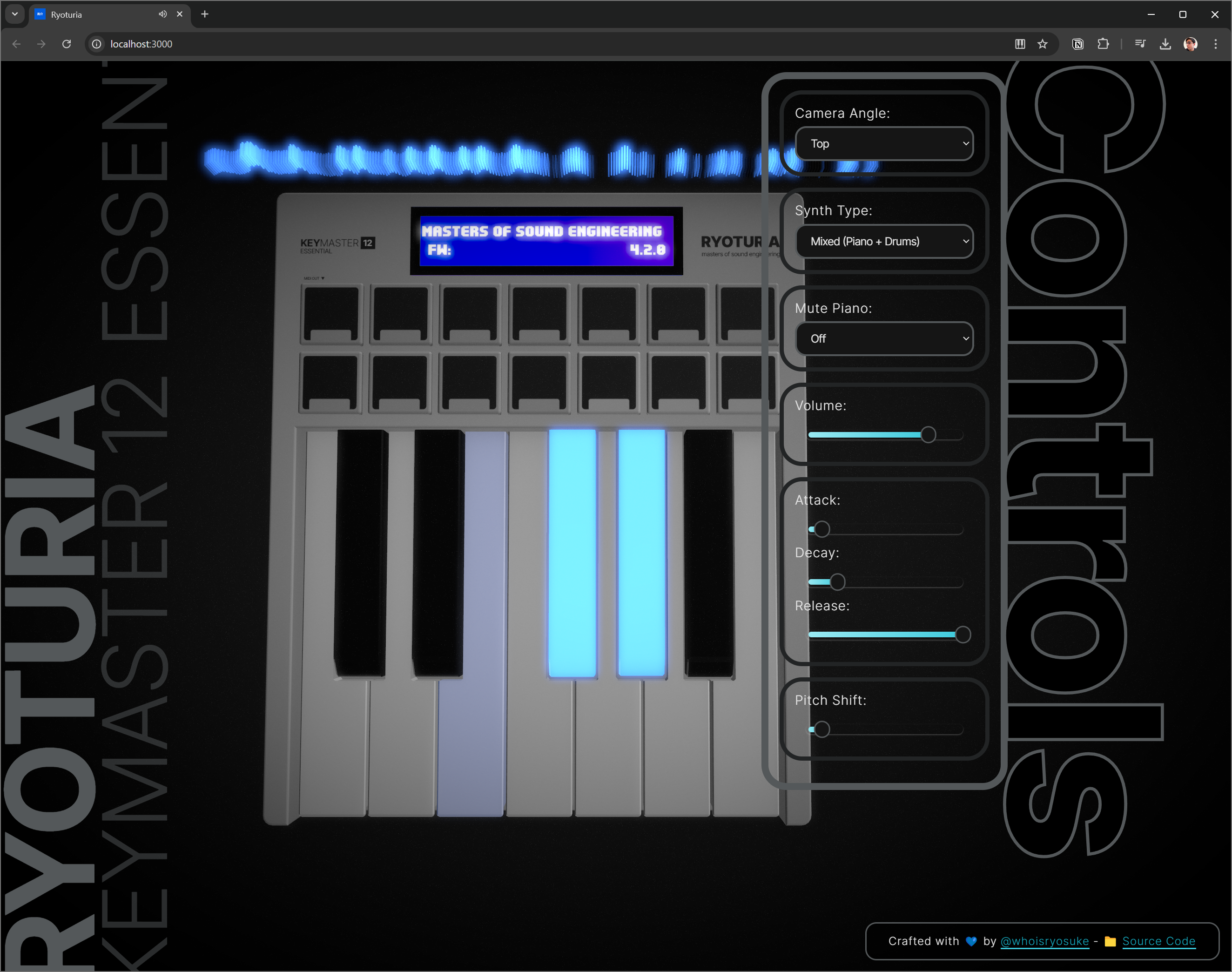 Screenshot of the app running in a web browser. A 3D white synth piano with 12 piano keys and 14 drum pads. A blue screen on top has the firmware number 4.2.0 and text scrolling with the name of the device - the Ryoturia. A sidebar with widgets that control the audio (like volume) floats to the right. Large vertical typography sits in the bottom left with the device name.