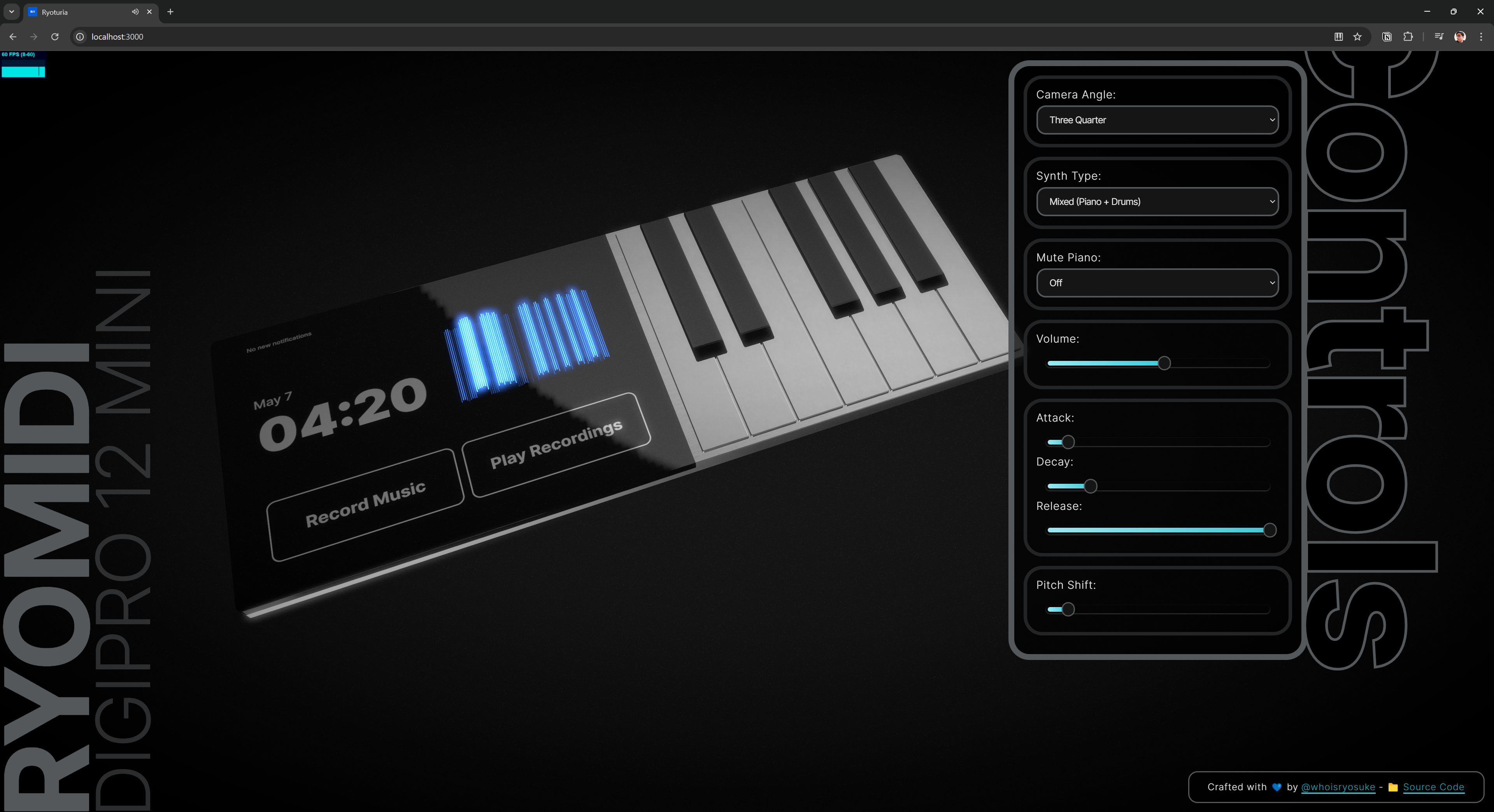 An example of secondary 3D piano in the app with a large black screen on the left side and 12 metallic piano keys on the right.