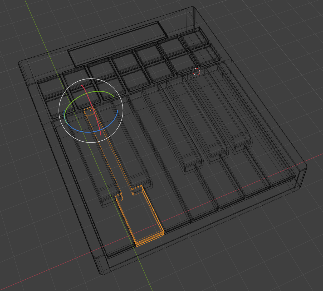 The 3D viewport in Blender with a wireframe preview of the mesh and one piano key selected with the origin visible at the top of the key.