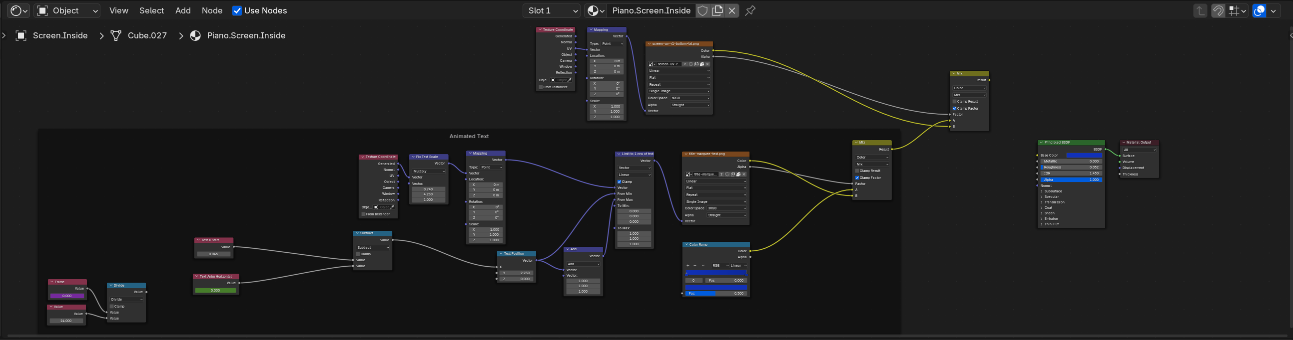 An example of one of the complex nodes used for animating the screen with 2 text textures and a gradient.