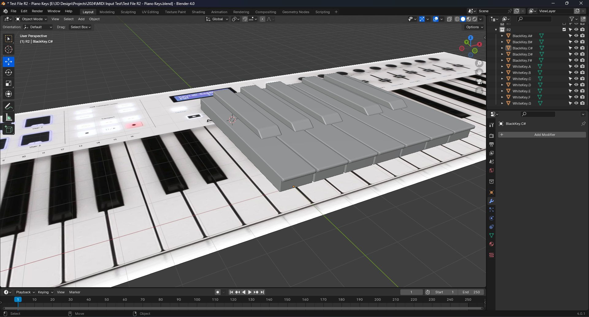 Blender with a 3D model of a single set of black and white piano keys floating above a 2D reference ohoto of an Arturia Keylab MIDI keyboard