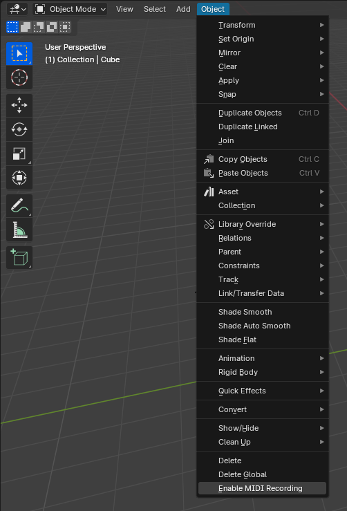 Cropped screenshot of Blender’s 3D Viewport panel with the Object menu expanded and the Enable MIDI Recording menu item selected at the bottom of the list 
