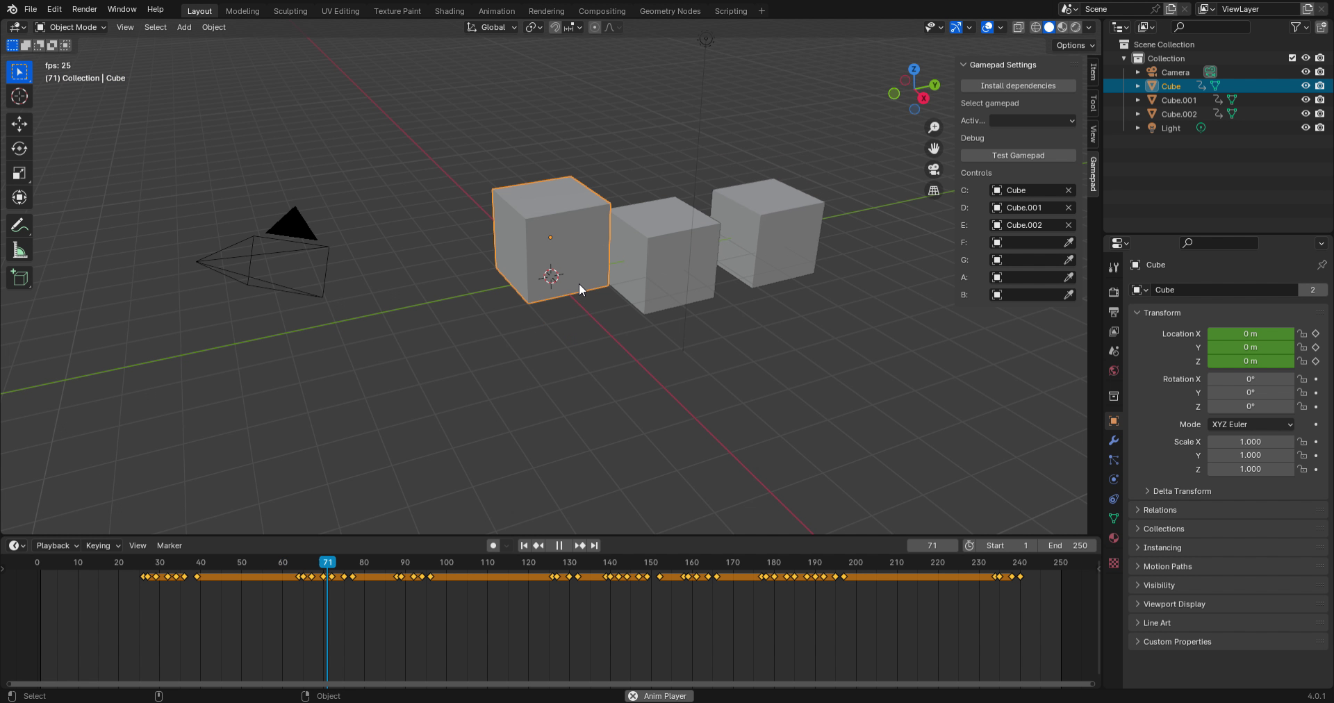 Blender app with 3 cubes side by side, with the first selected and slightly raised in Z space. The timeline panel is open below to show the cube’s keyframes, which there are several going from down to up to down again.
