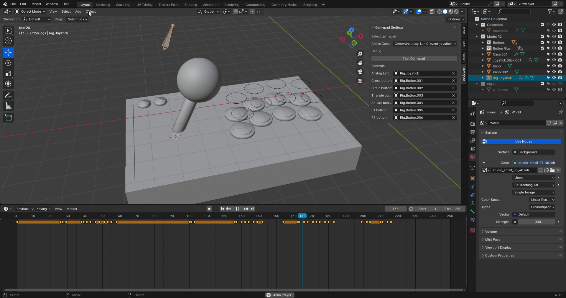 Blender with a 3D arcade gamepad with a rig above it made of a bone for the joystick and mesh circles for each button. The joystick is tilted to the right, along with it’s corresponding bone. Below the timeline panel displays the keyframes for the joystick bone.