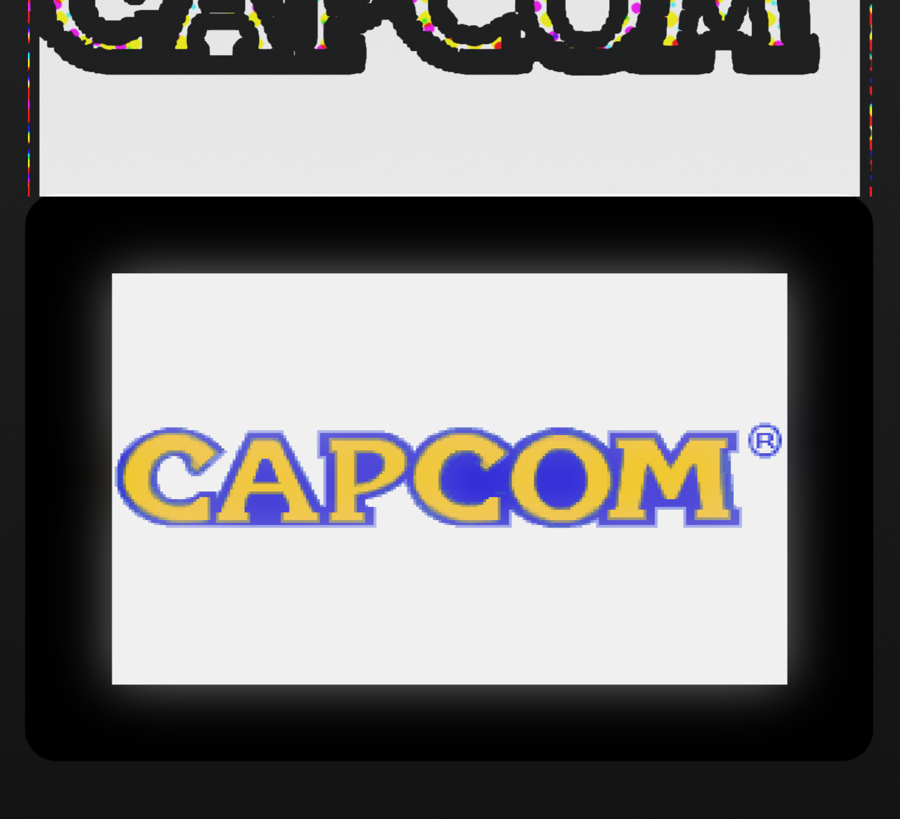 2 screens stacked inside a Delta emulator. Both showing the Capcom logo. Top is comic style so logo is outlined and shading is done using CMYK style dots. The bottom is diffused with a slight glow from the bloom. 