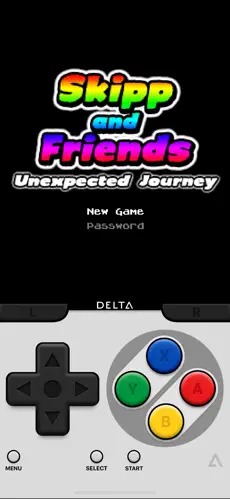Screenshot of the Delta iOS app from the App Store. It’s using a SNES skin and playing a homebrew game.
