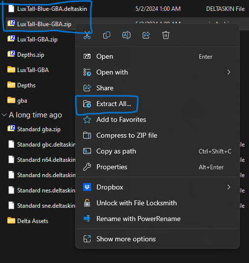 The Windows file explorer window with a .deltaskin  file and a .zip file with the same name underneath. The zip is right clicked to reveal a context menu with a Extract All menu item highlighted.