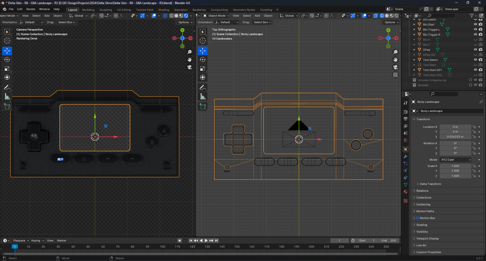 Screenshot of Blender with the Delta skin in Landscape mode side by side, left showing wireframe mode, and right showing rendered. Wireframe shows a much cleaner topology this time, also using booleans.
