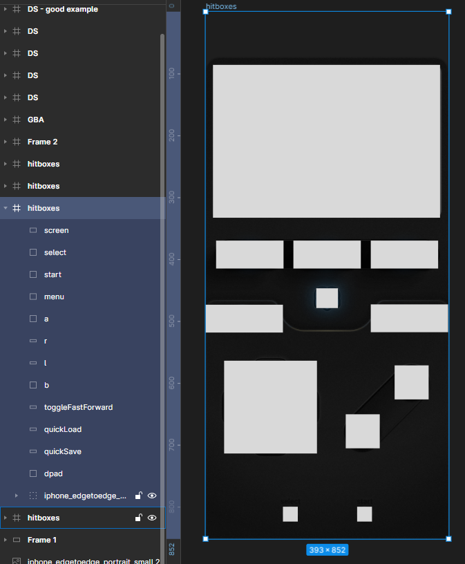 Screenshot of Figma with rectangles on top of each button