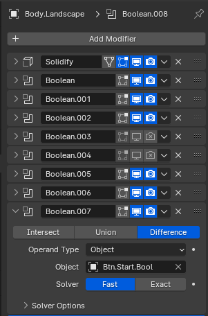 The Blender properties panel with 7 Boolean modifiers stacked