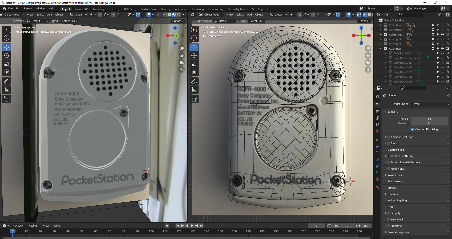 Blender with the source file for the PocketStation mesh with a preview of it in a mix solid and wireframe mode.