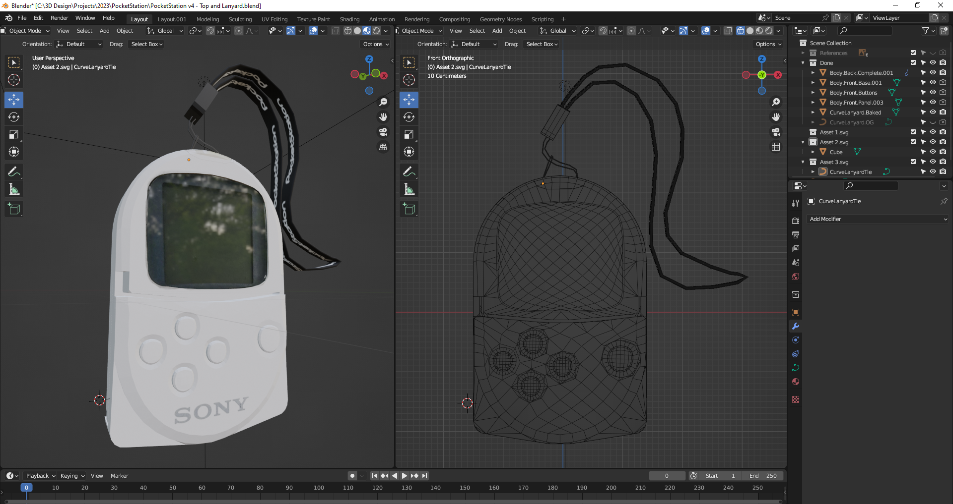 Blender with the final model fully rendered on left and wireframe of front perspective on right