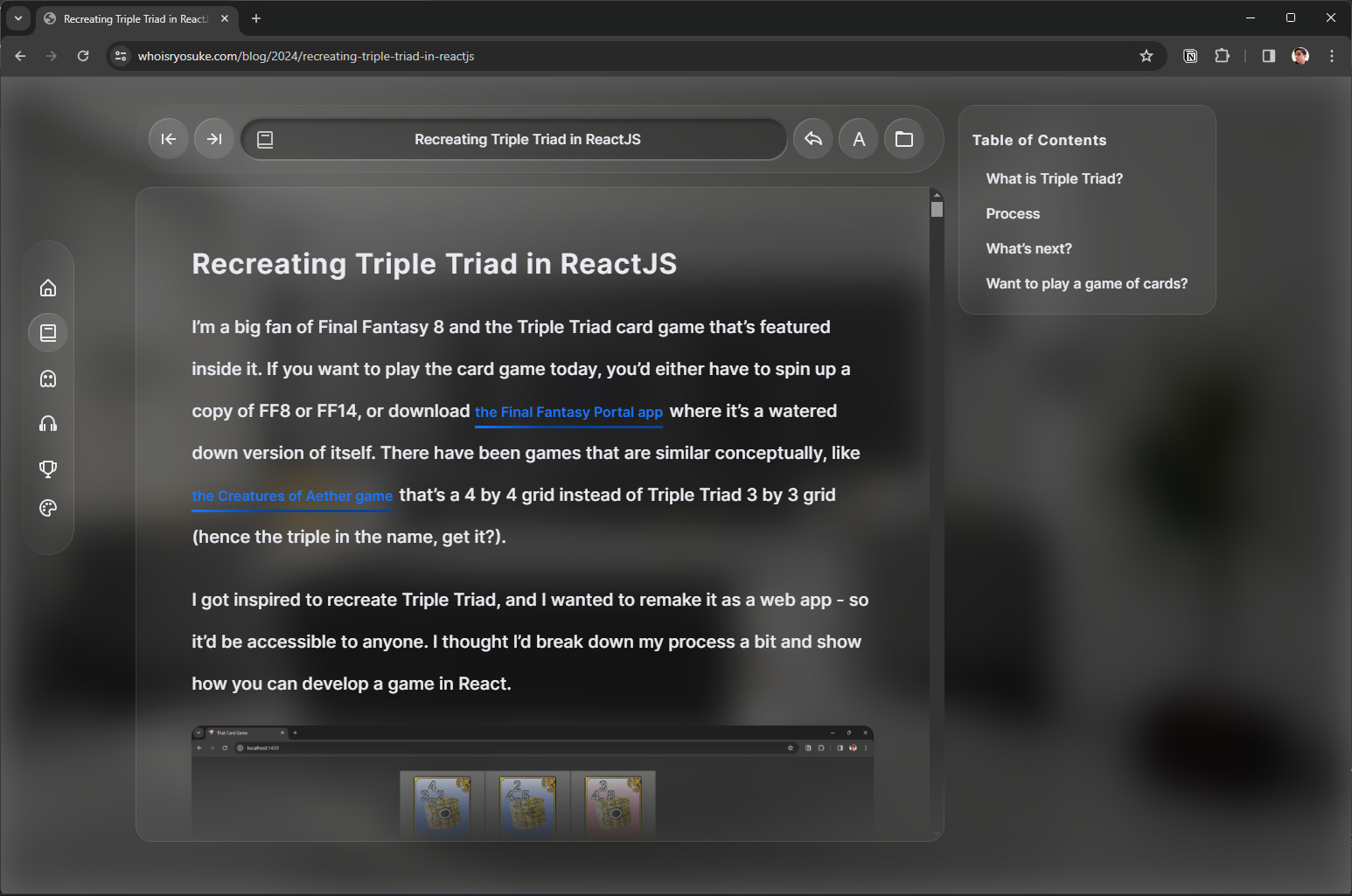 Screenshot of the blog. The blog content is inside a Vision Pro Safari app inspired layout. 
