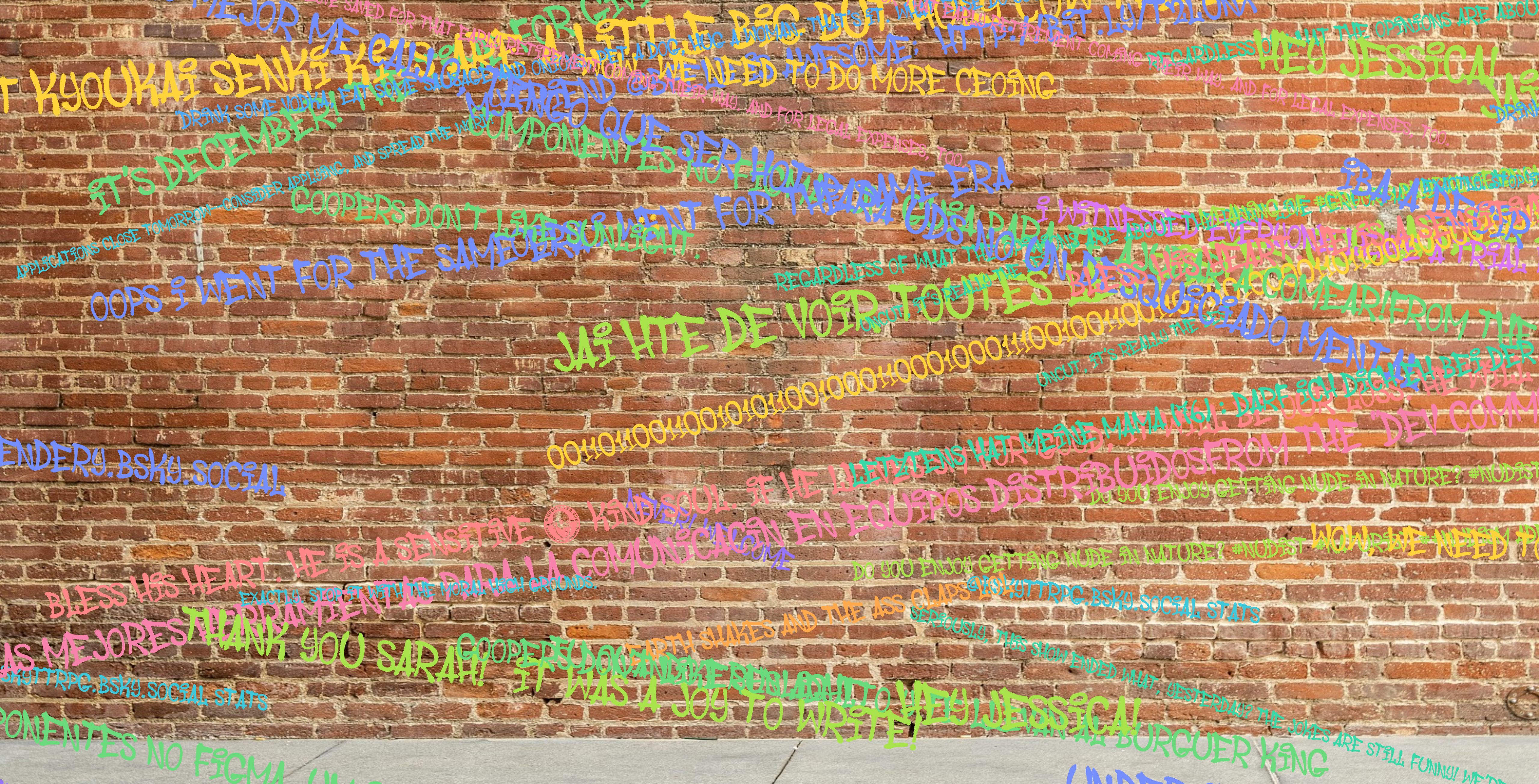 Bluesky post text written in a graffiti font on a brick wall texture in random places, colors, and sizes