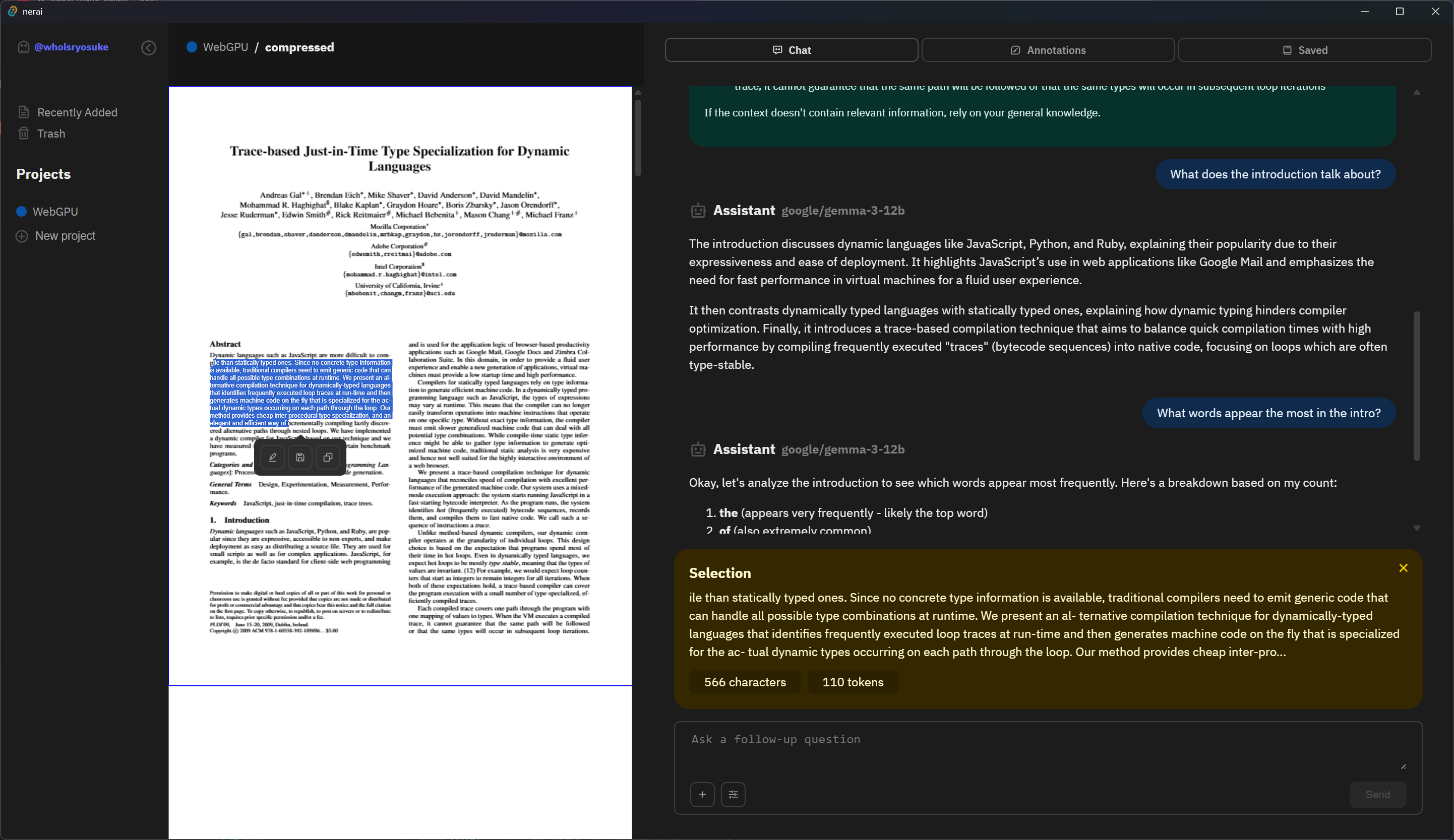 My app viewing a PDF document with that chat alongside to the right. Text is selected in the PDF with a small tooltip popup underneath with a menu of 3 small icon buttons. In the chat above the input textbox is a yellow box containing the selected text, along with the token count and a close button.