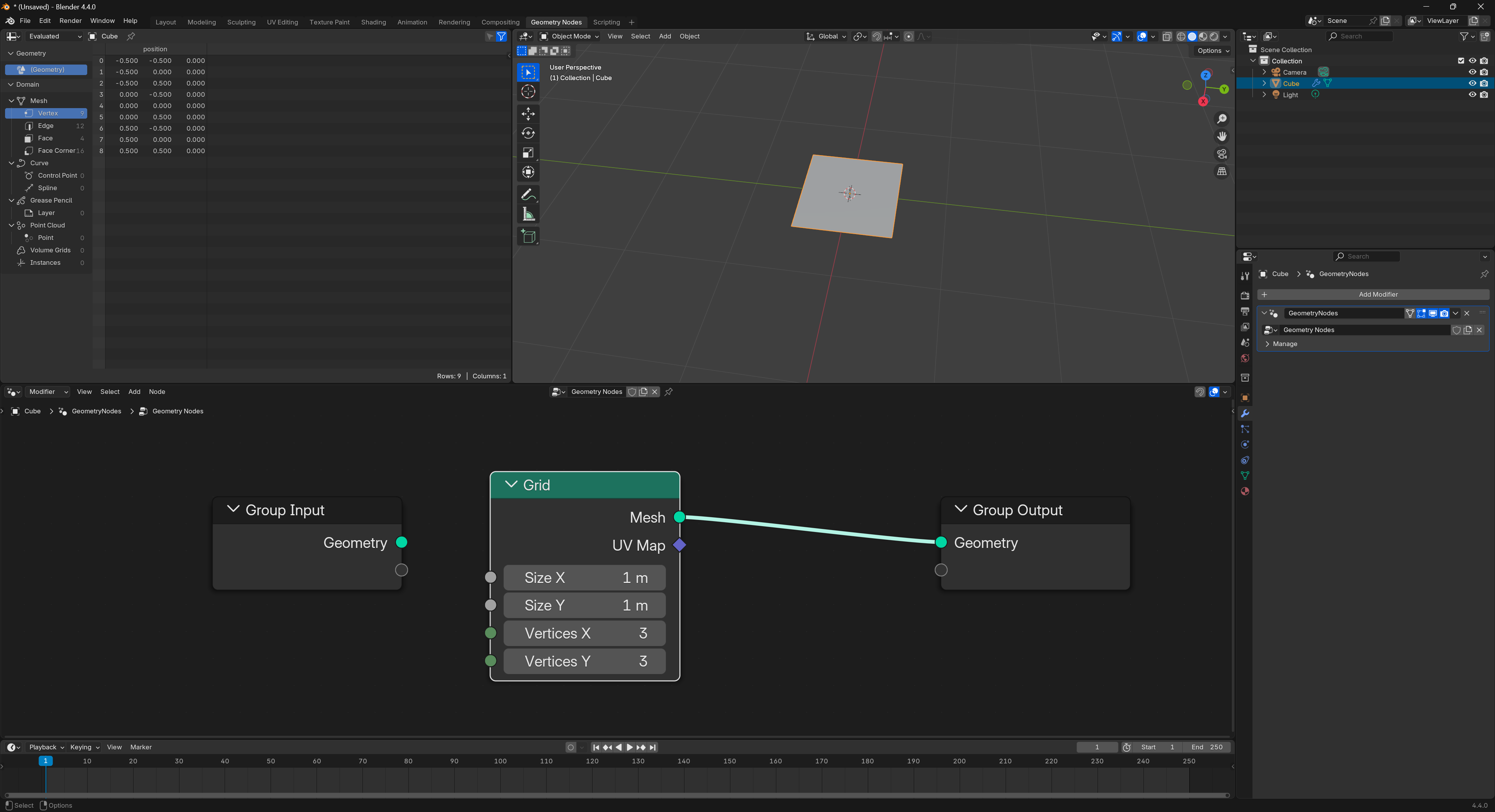 A node graph with a Grid node connected to output and a Plane visible in the 3D viewport