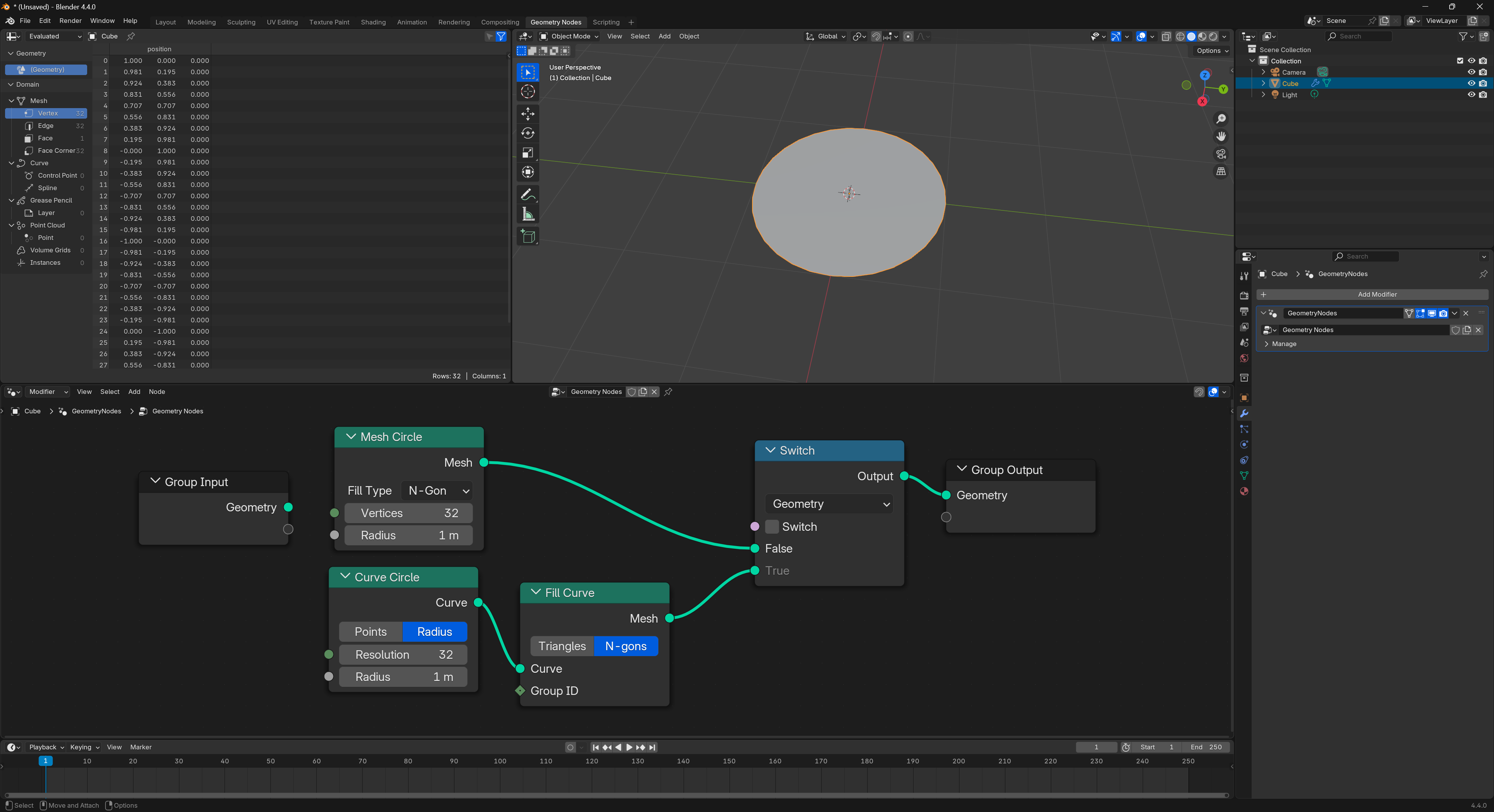 A node graph with a Circle Mesh and Curve Circle nodes connected to output and a Circle visible in the 3D viewport