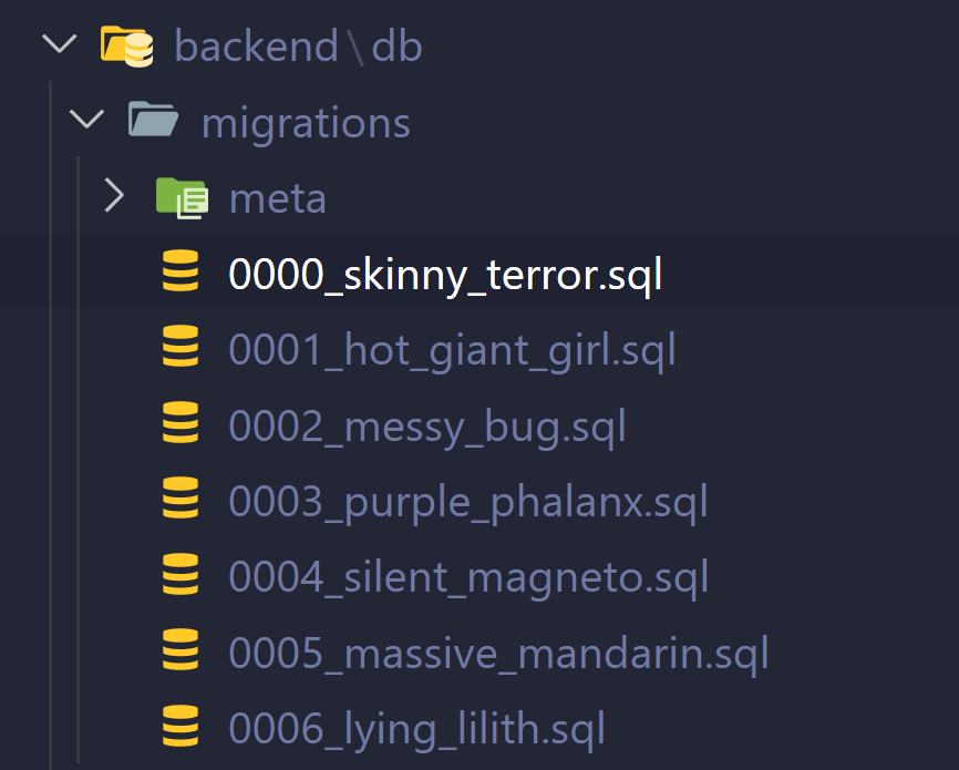 A list of SQL files in VSCode's file browser. Each begins with a 4 digit auto incrementing number and has a random phrase appended