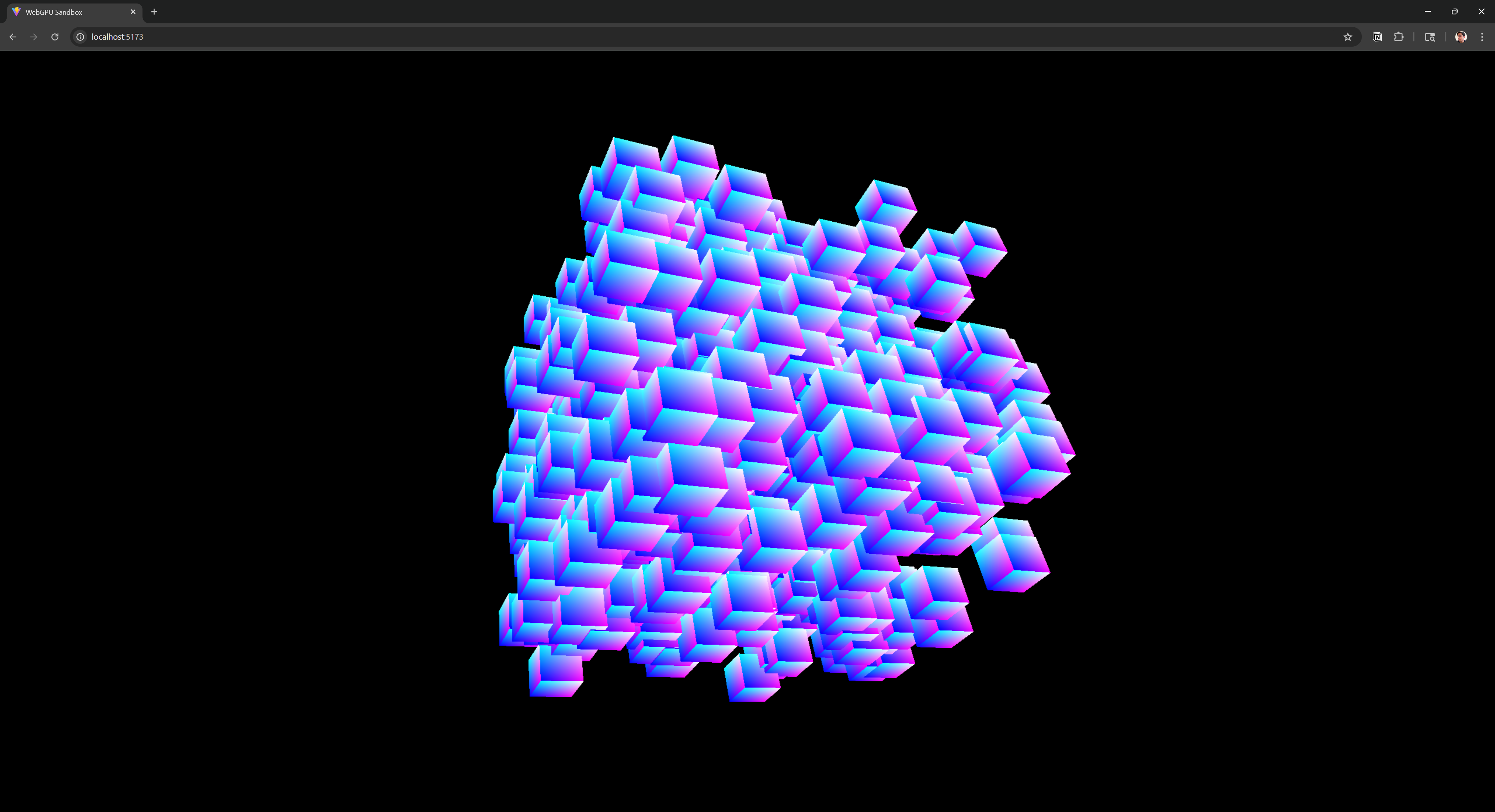 A screenshot of a web browser rendering a WebGPU scene with hundreds of cube instances scattered randomly in a cube like shape.
