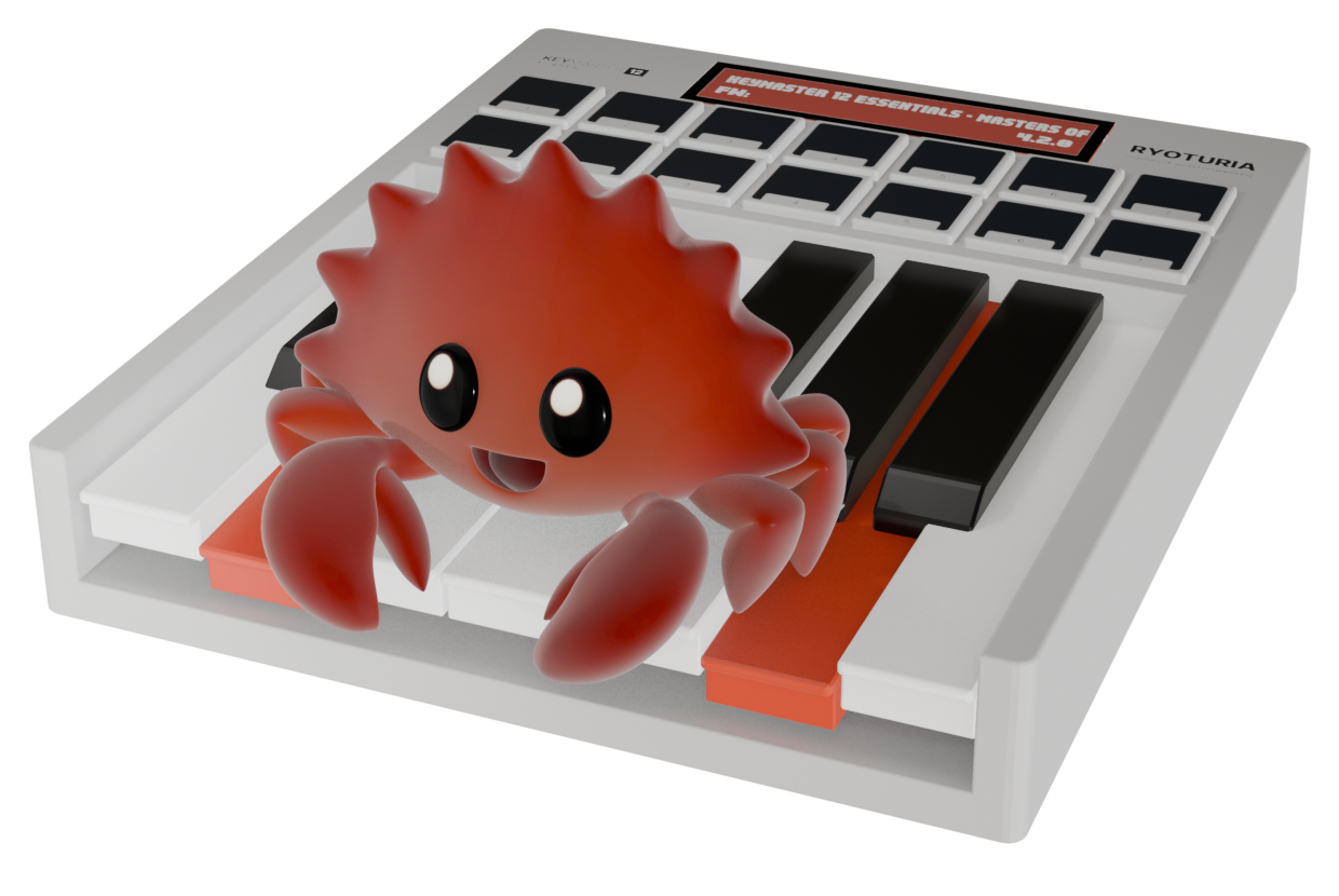 3D render of Ferris the Rust mascot standing on a 12-key “Ryoturia” MIDI piano and pressing down 2 keys that are colored Rust red. 