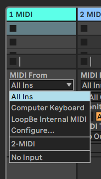 A track column in Ableton Live with the MIDI From dropdown expanded to show all MIDI device options 