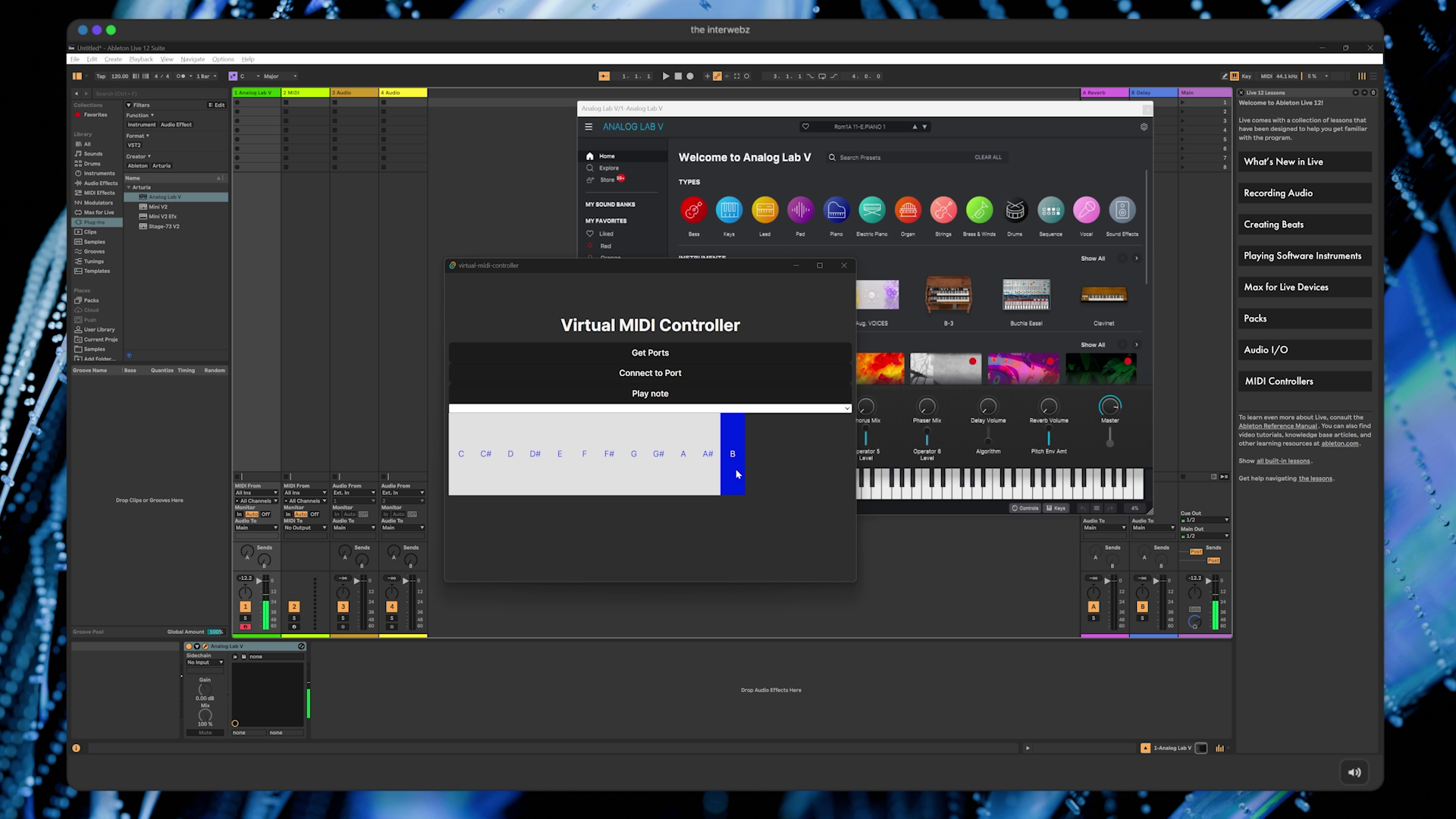 A custom Rust app titled Virtual MIDI Controller with a few buttons like Play 1Note and a set of piano keys underneath with a mouse hovering over the last key. Ableton Live is open behind the app.