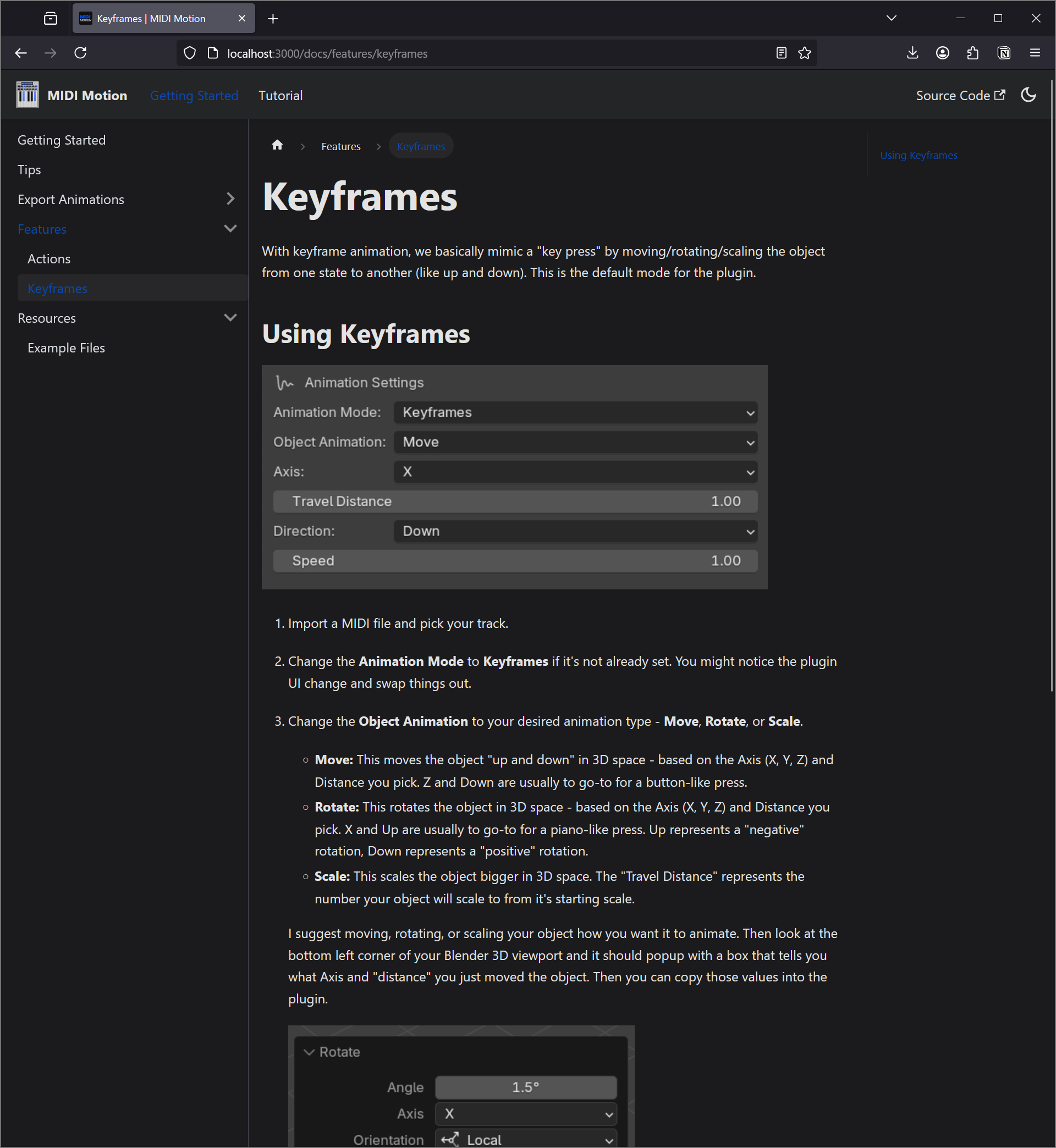 The documentation for MIDI Motion on the Keyframes page with screenshots and step by step explanations.