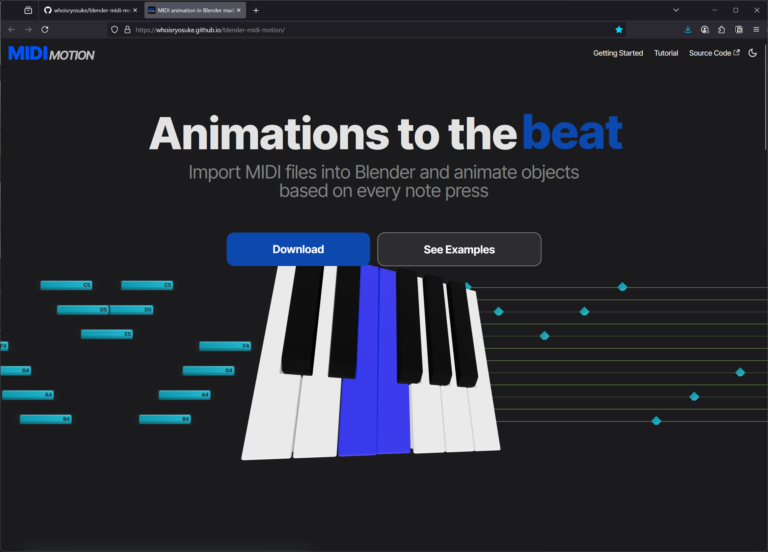 The frontpage of MIDI Motion featuring a large set of 3D piano keys floating in space at an angle, with DAW-like notes to the left and Blender keyframes to the right. A masthead title reads “Animations to the beat” and a subtitle reads “Import MIDI files into Blender and animate objects based on every note press” 