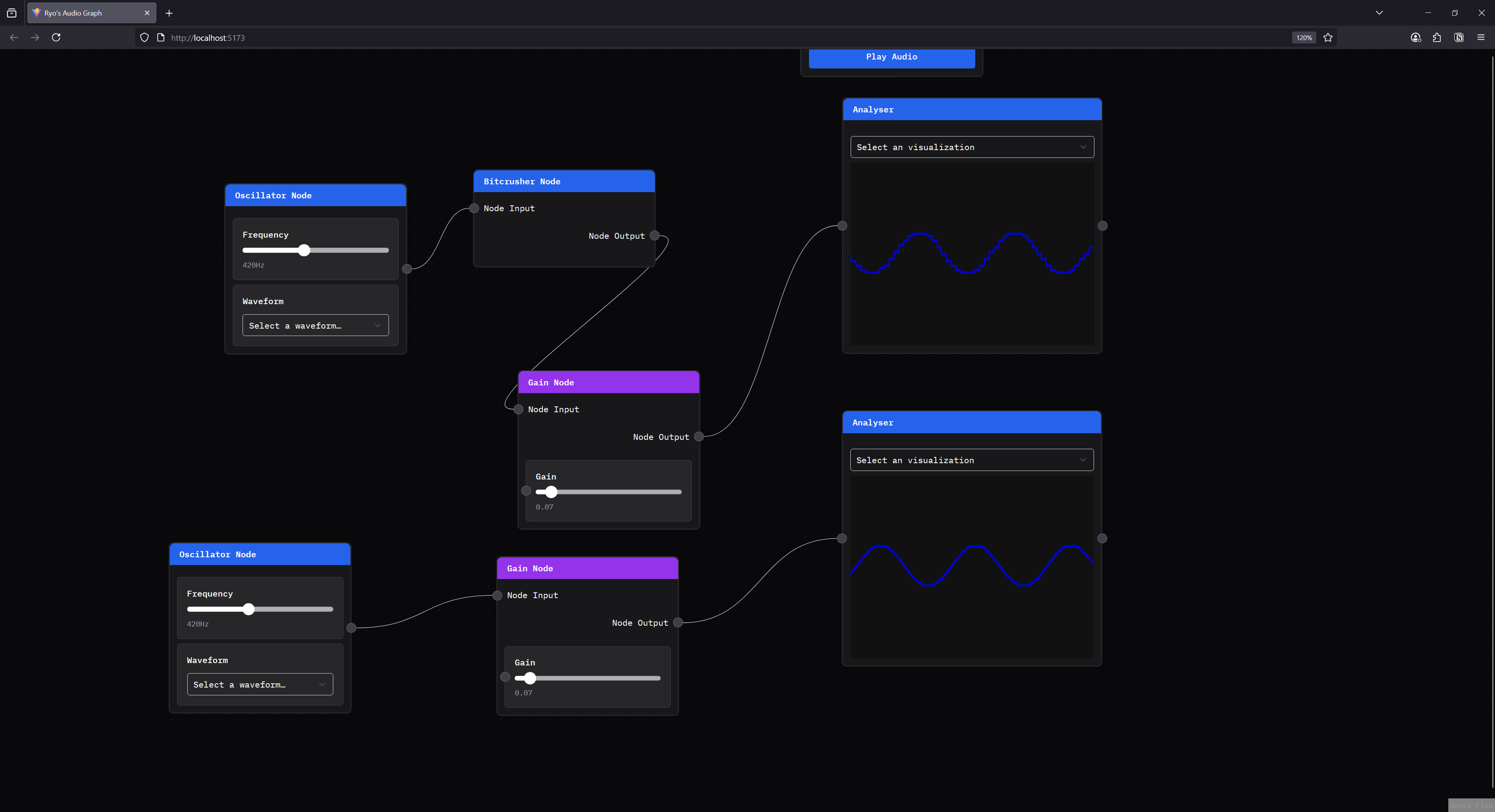 A node graph with a Clawdio Bitcrusher node showing a pixelated looking signal visualized in a separate node, and underneath a similar signal without crushing visualizing.