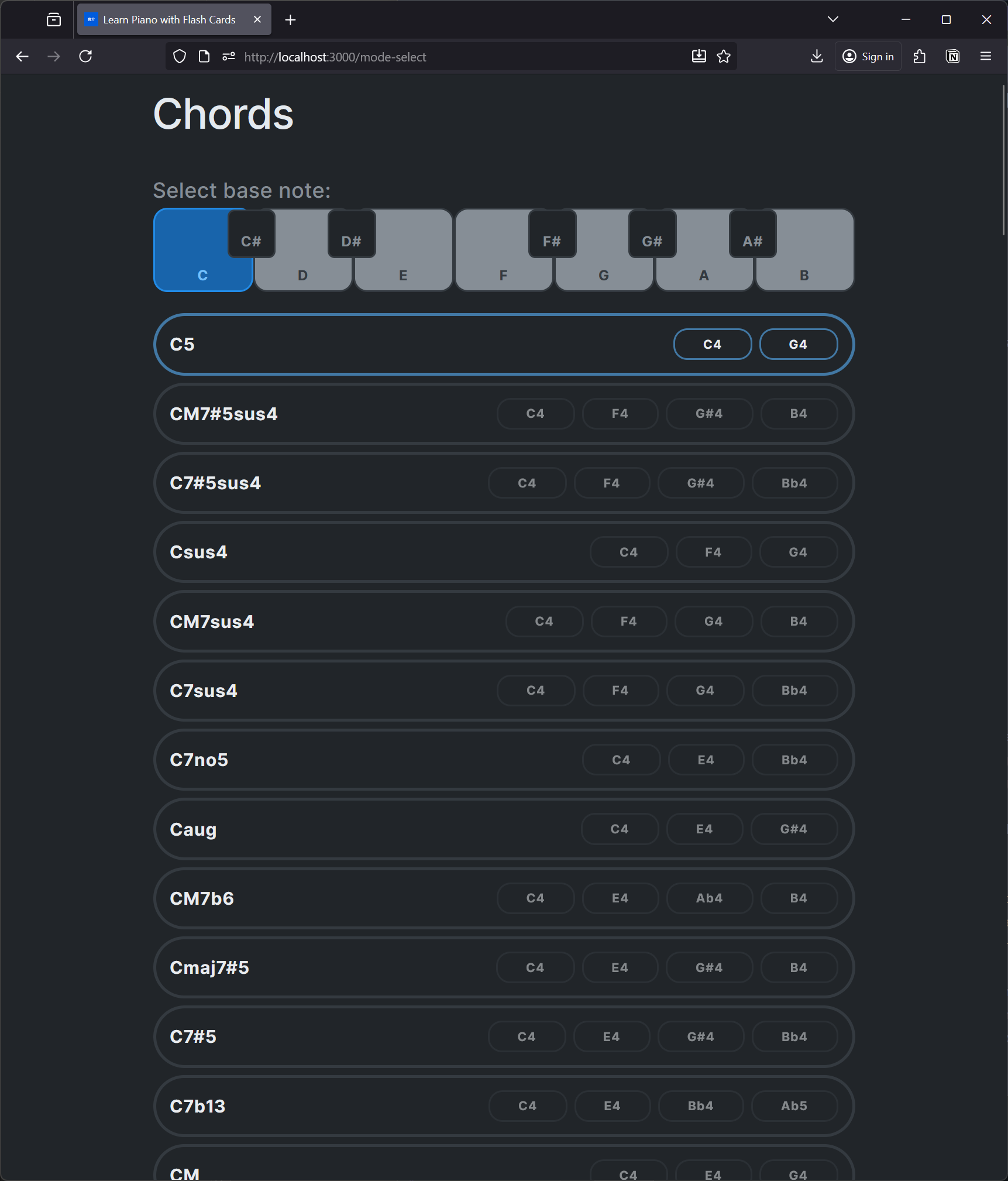 A web app with a list of all C key chords, and a piano input on top with the C key highlighted in blue.