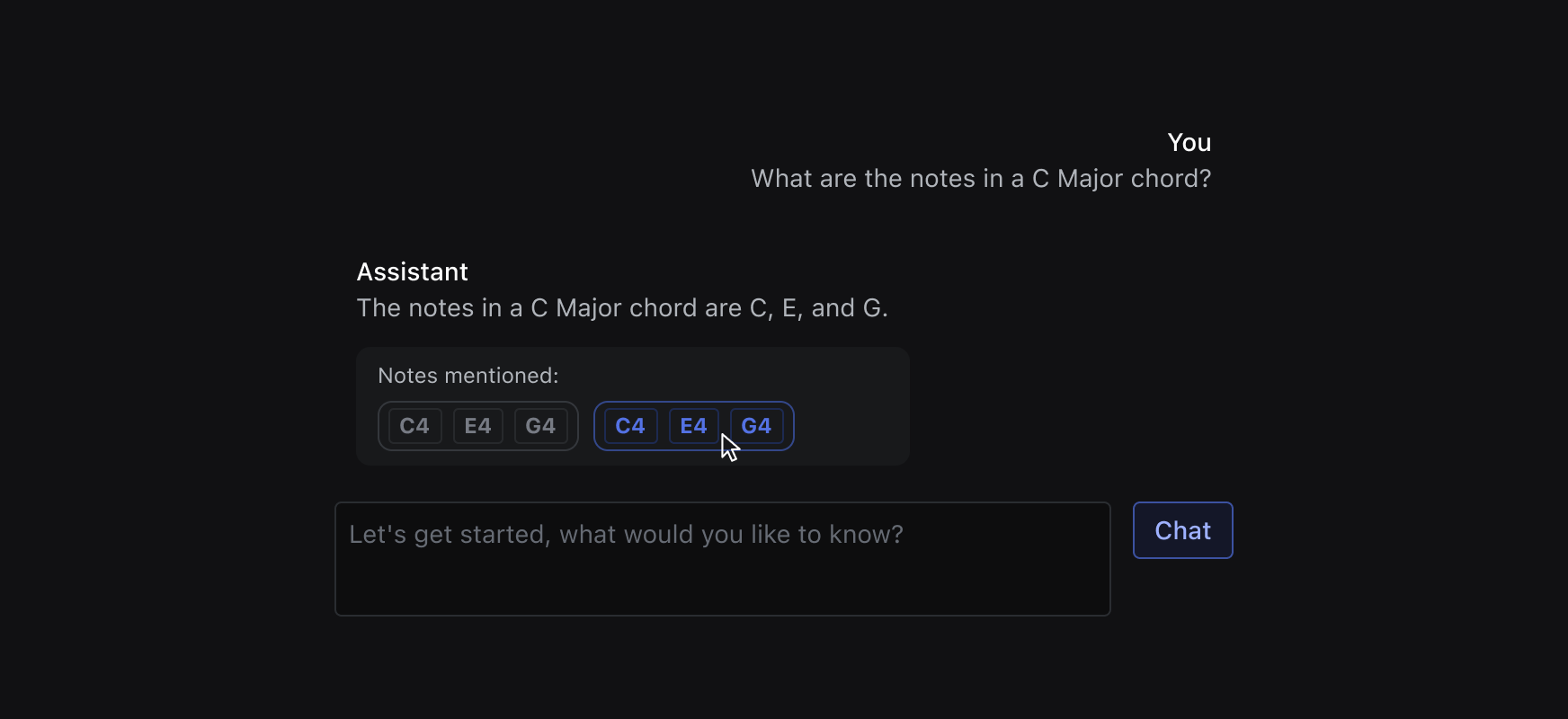 A UI prototype of the LLM chat with the user asking a question and the LLM responding with text, and a box underneath with notes it mentioned as clickable cards.