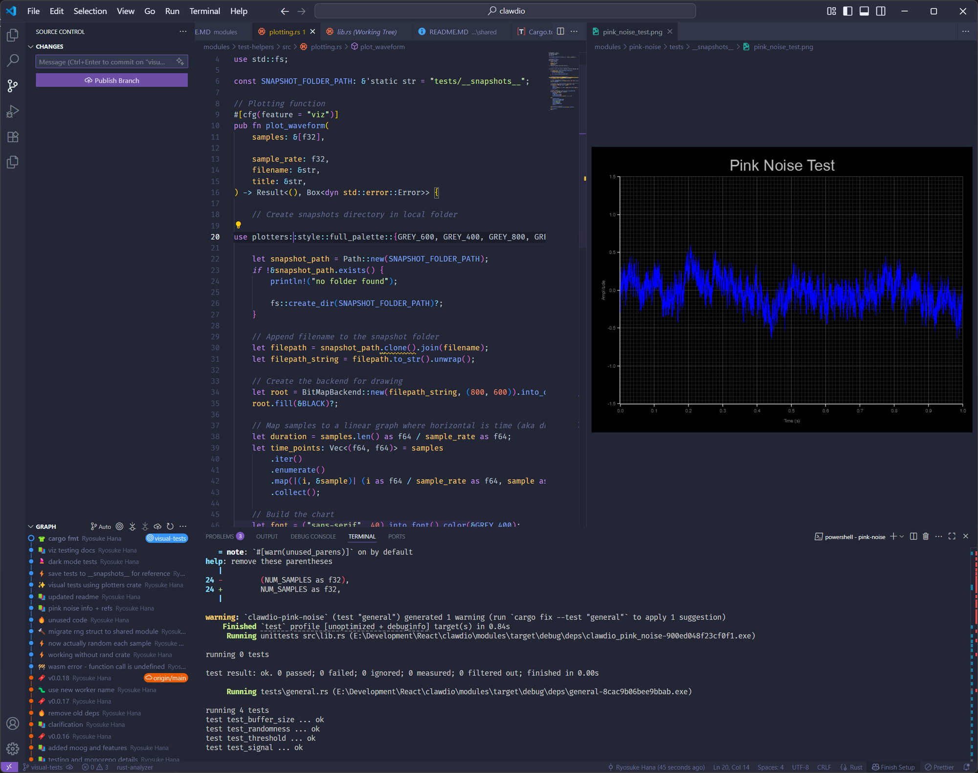 VSCode IDE with test code on left and a line graph viz on the right